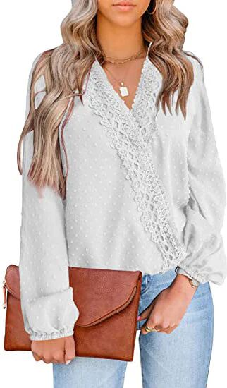 DailySale Women's V Neck Chiffon Lace Pom Pom Long Sleeve Top