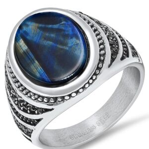 DailySale Men's Stainless Steel Blue Tiger Eye and Gray CZ Ring