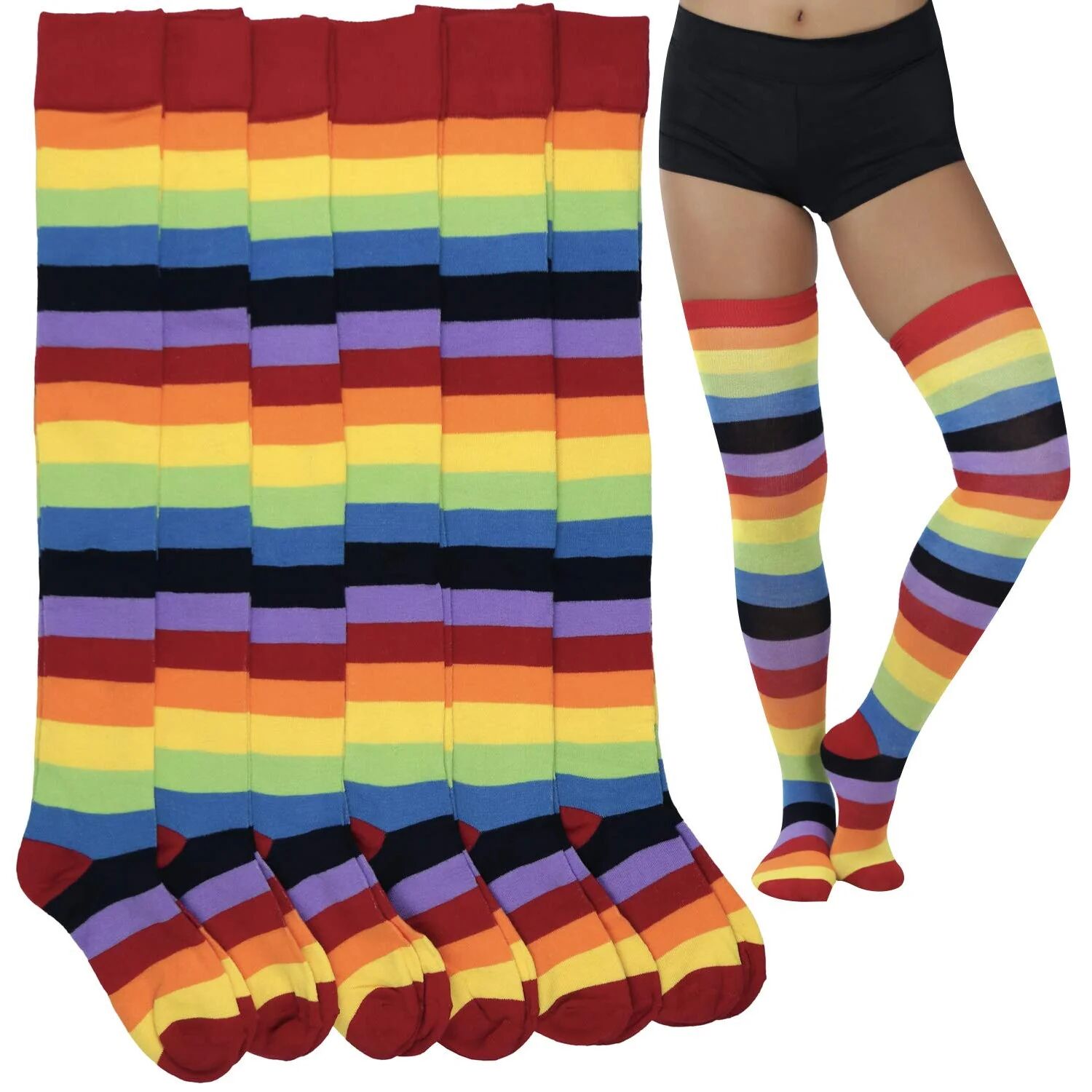 DailySale 6-Pack: ToBeInStyle Women's Bright Rainbow Striped Thigh High Rave Stockings