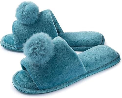 DailySale Roxoni Womens Slippers Lovely Velvet Pom-Pom Open Toe House Slides