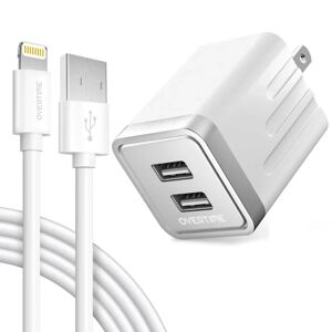 DailySale Overtime iPhone Charger Set   Apple MFi Certified Lightning Cable 6ft with Dual USB Wall Charger Adapter - White