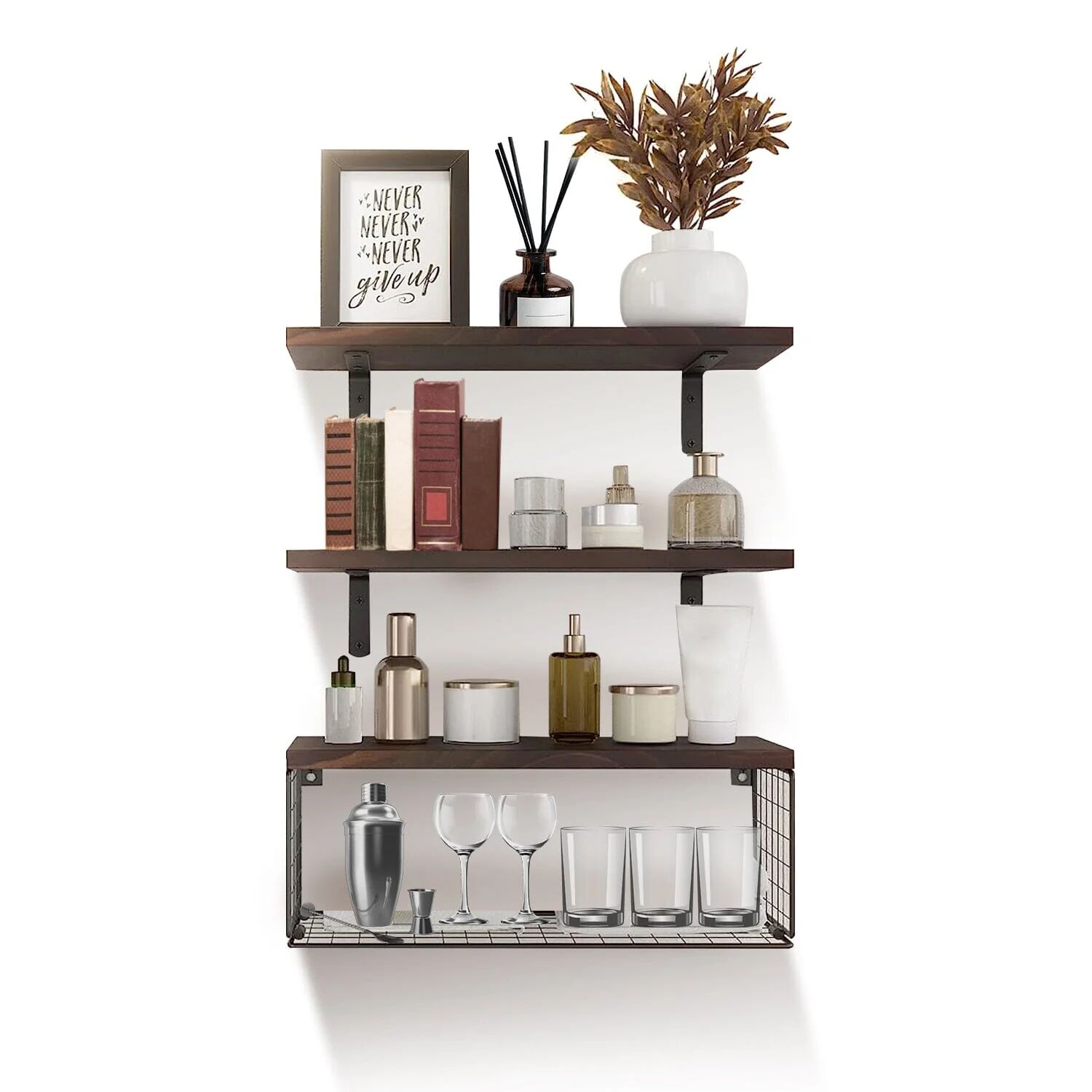 DailySale 2-in-1 Floating Shelves Wall Mounted with Storage Basket