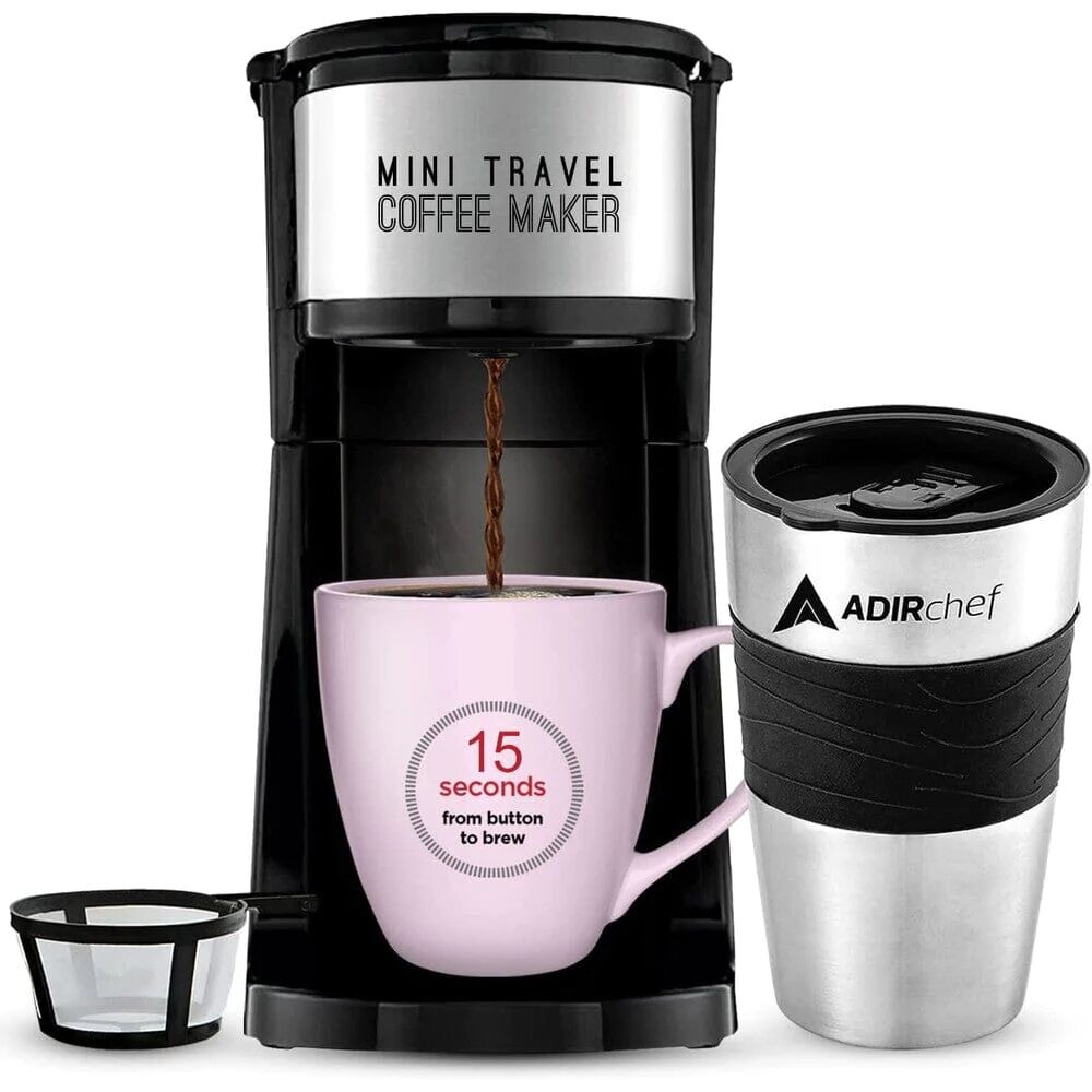 DailySale AdirChef Mini Travel Single Serve Coffee Maker & 15 oz. Travel Mug Coffee Tumbler & Reusable Filter