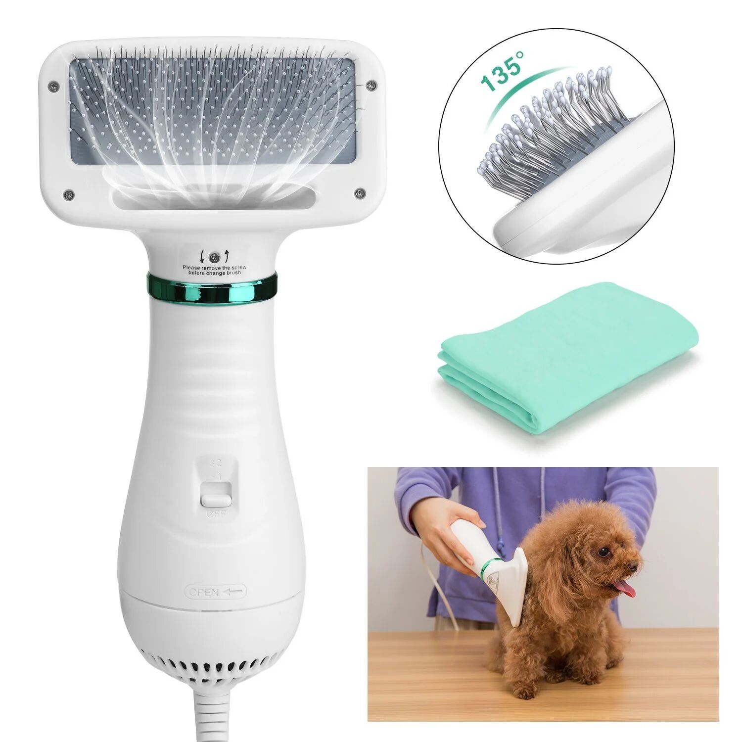 DailySale 2-in-1 Pet Hair Dryer Blower Slicker Brush Portable Dog Cat Grooming Low Noise