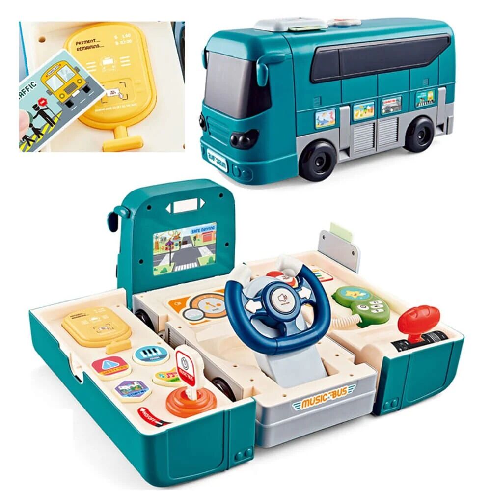 DailySale Bus Car Toy, Kids Play Vehicle with Sound and Light, Simulation Steering Wheel