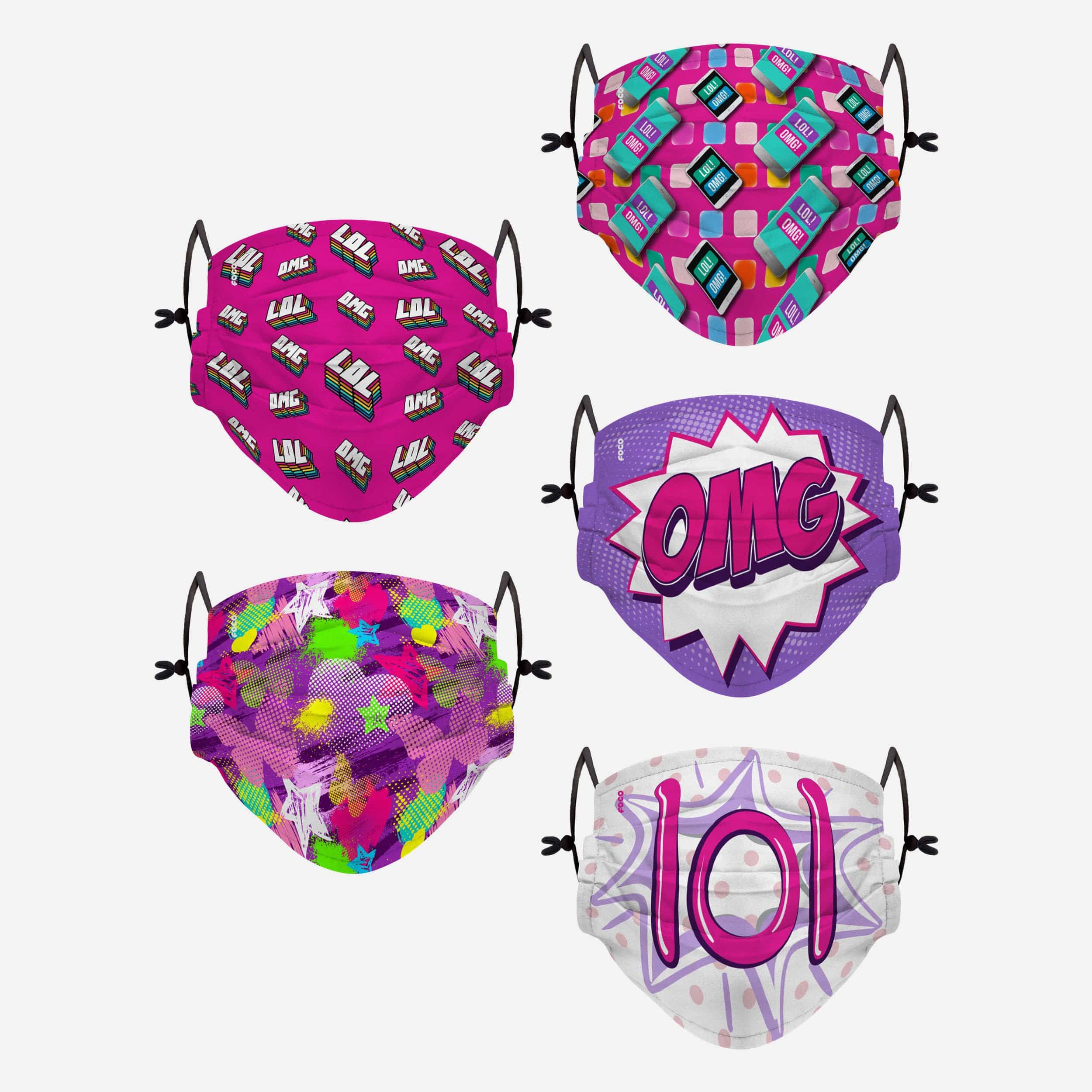 FOCO LOL OMG Pack Youth Adjustable 5 Pack Face Cover - Unisex