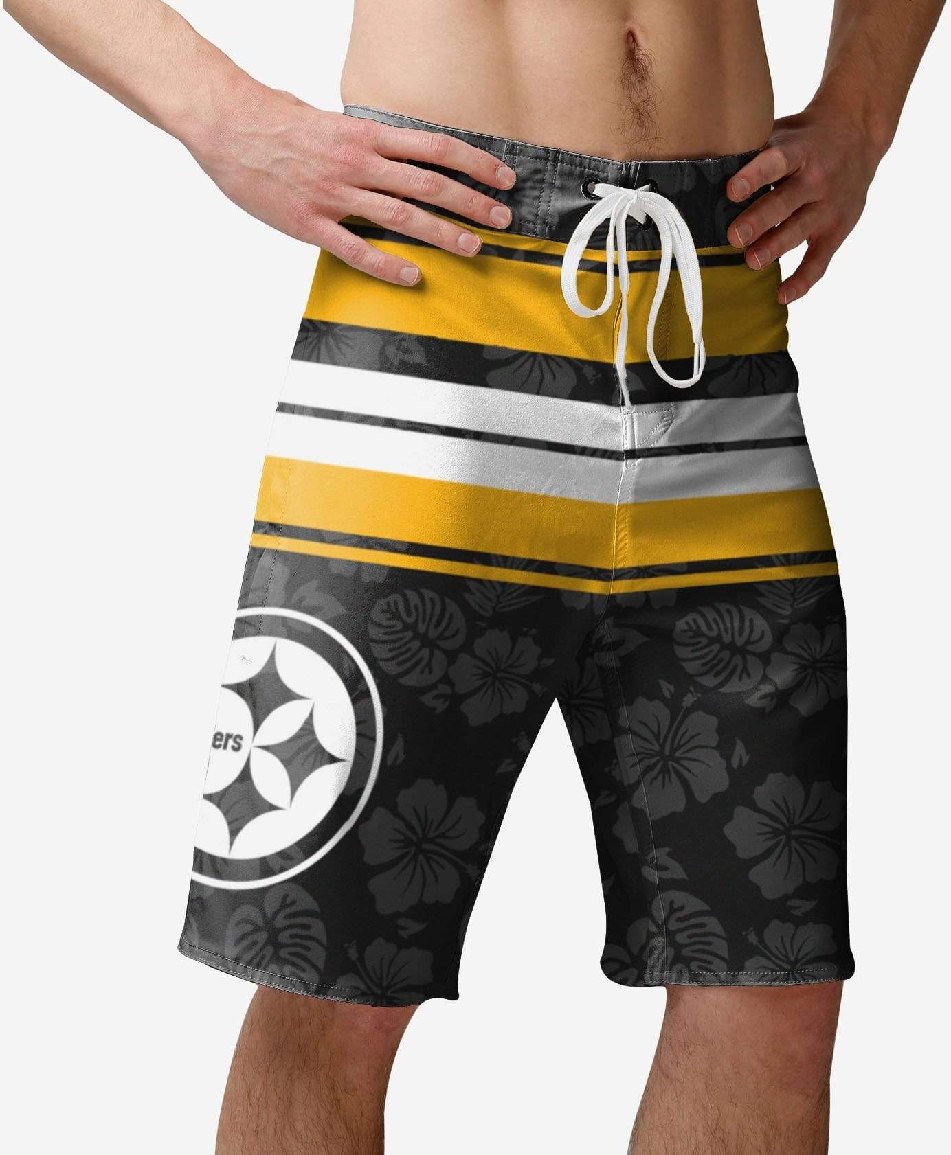 FOCO Pittsburgh Steelers Hibiscus Boardwalk Stripe Boardshorts - L - Men