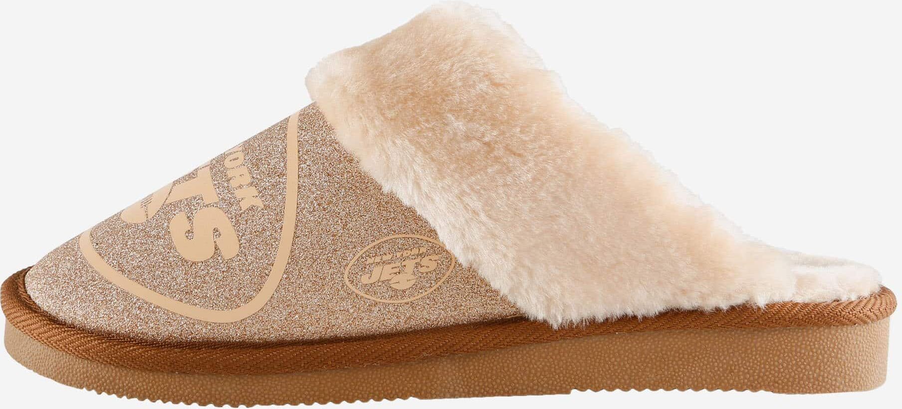 FOCO New York Jets Womens Glitter Open Back Fur Moccasin Slipper - L - Women