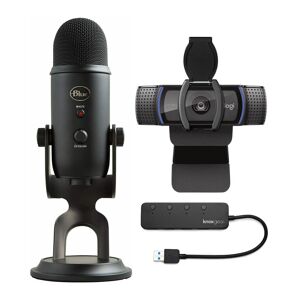 Blue Microphones Yeti USB Microphone Blackout with Logitech C920S Pro HD Webcam and 4-Port USB Hub