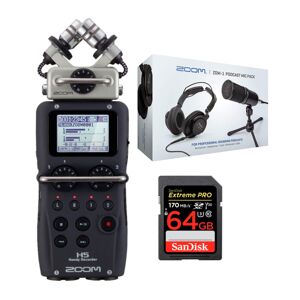 Zoom H5 Portable Handy Recorder with ZDM-1 Podcast Microphone Pack and 64GB SD Card Bundle in Black