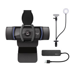 Logitech C920S Pro HD Webcam with Knox Gear Webcam Stand with Selfie Ring Light and 4-Port USB Hub in Black