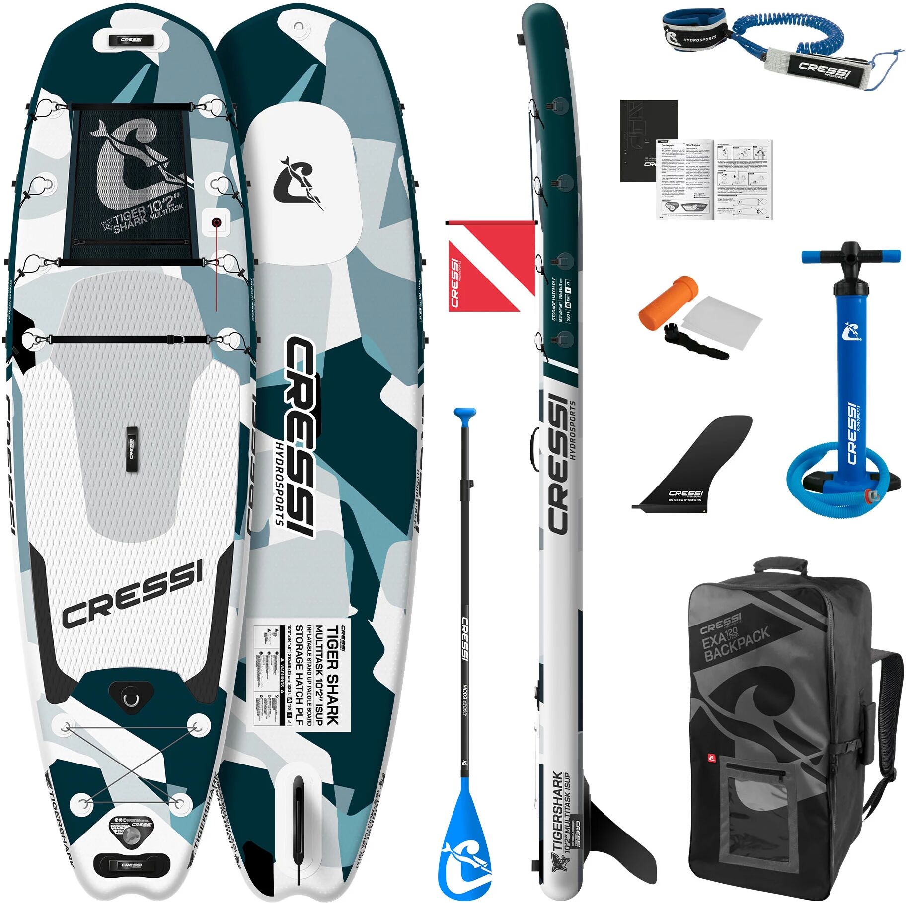 Cressi Tiger Shark Inflatable Stand-Up Paddle Board Set, Blue