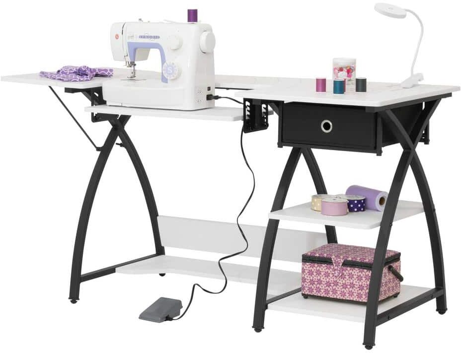 Sew Ready Comet Plus 56.75 in. W x 23.5 in. D PB Craft Sewing Center with Grid and Storage Drawer in Black/White