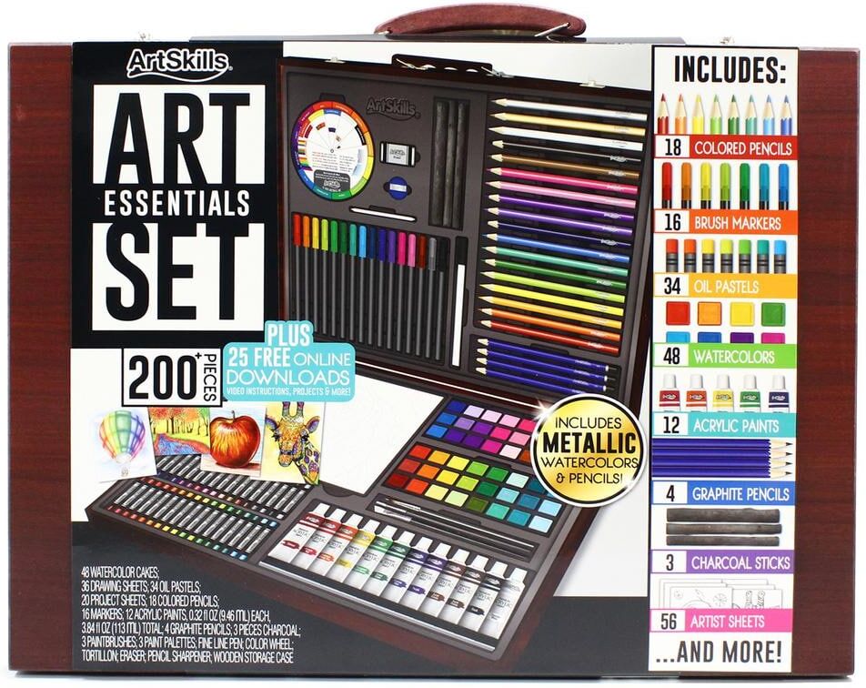 ArtSkills Complete Art Essentials Kit with Portable Wood Case for Drawing and Painting (200+ Pieces)