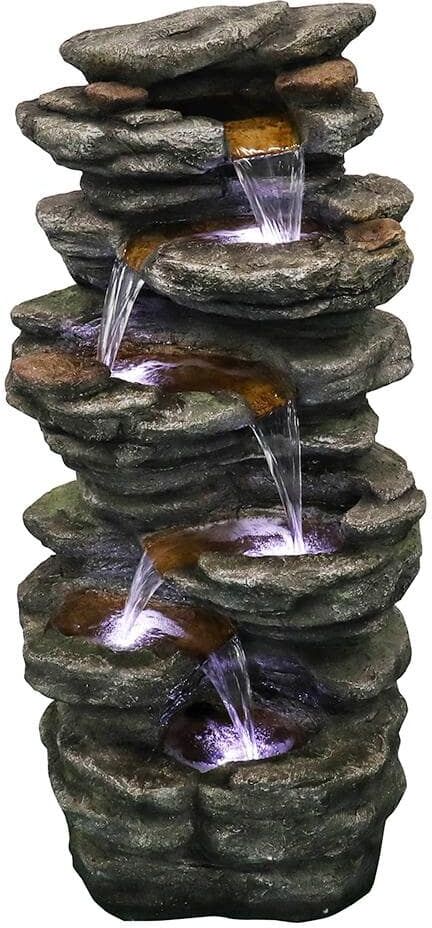 Watnature 40 in. Resin Rockery Outdoor Relaxing Water Fountain, 6-Tier LED Outdoor Waterfall Fountain for Home, Office, Garden