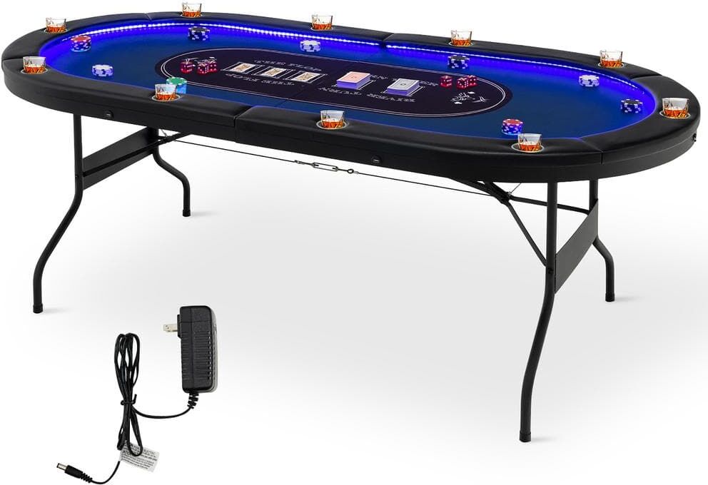 Costway Foldable 10 Player Poker Table Casino Texas Holdem with LED Lights USB Ports