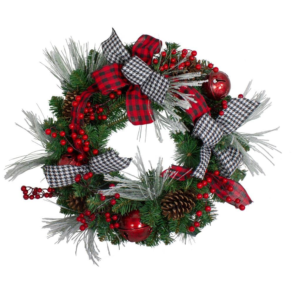 Northlight 24 in. Red Unlit Plaid and Houndstooth and Red Berries Artificial Christmas Wreath