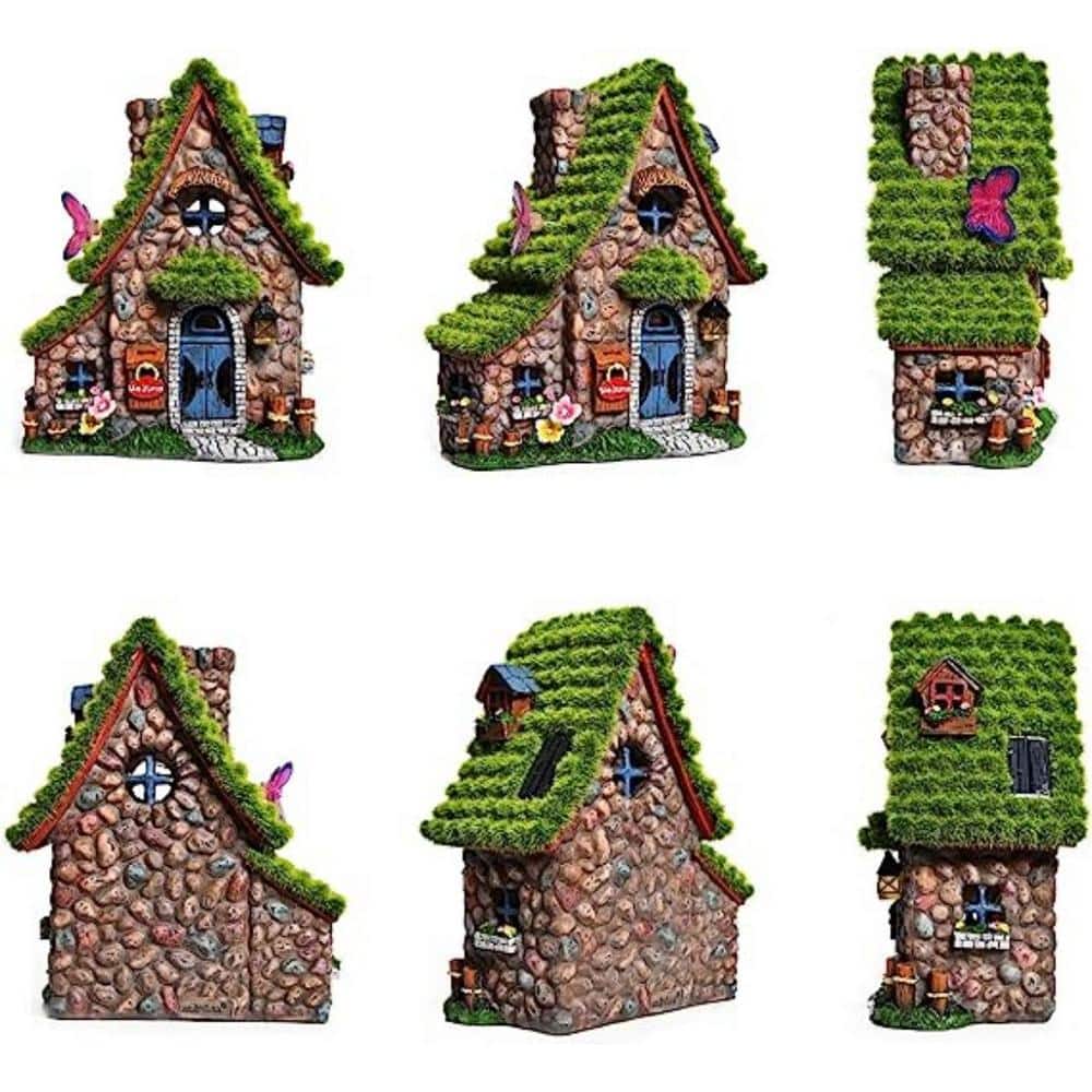 Cubilan Resin Fairy House Statues with Solar Powered Lights, Funny Garden Sculptures with Flocked and Cobblestone Decor