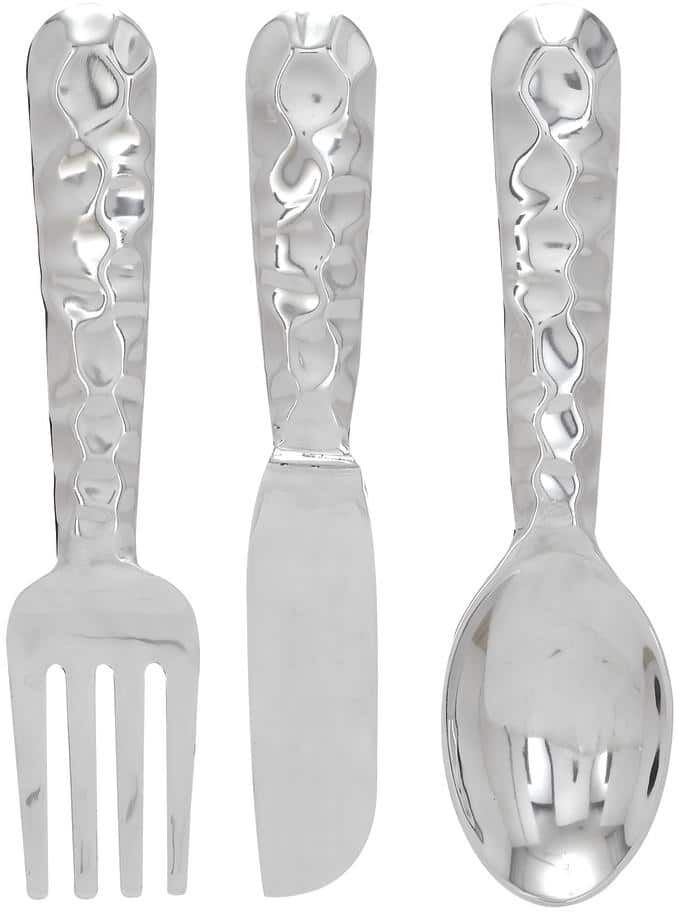 Litton Lane Aluminum Silver Knife, Spoon and Fork Utensils Wall Decor (Set of 3)