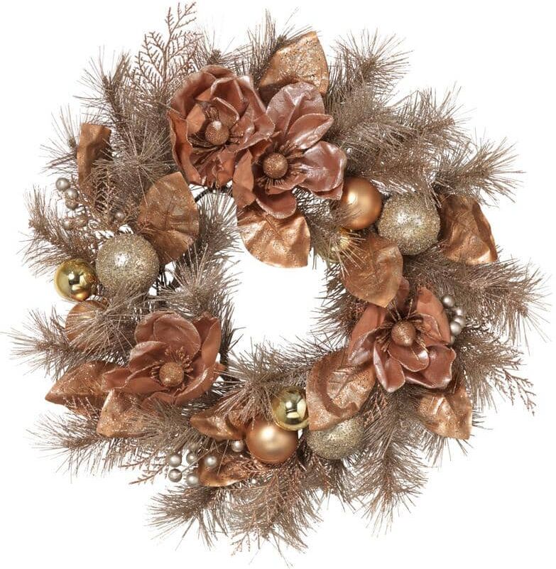 GERSON INTERNATIONAL 24 in. Artificial Frosted PVC Wreath with Magnolia, Champagne and Rose Gold Ornaments and Berries