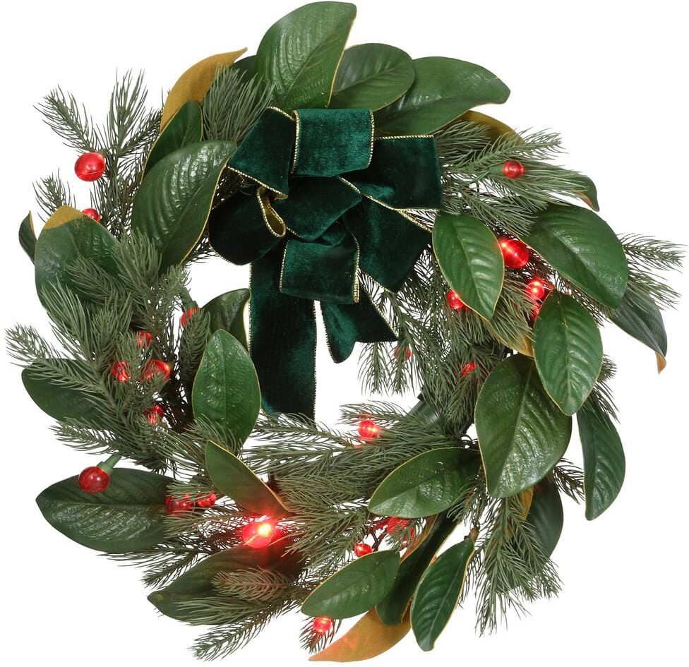 National Tree Company 24 in. Magnolia Mix Pine Artificial Christmas Wreath with LED Lights and Bow