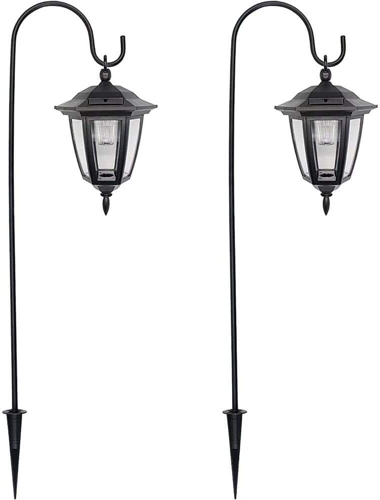 34 Inch Hanging Solar Lights, Decorative Garden Lanterns with 2 Shepherd Hooks, 2 Pack