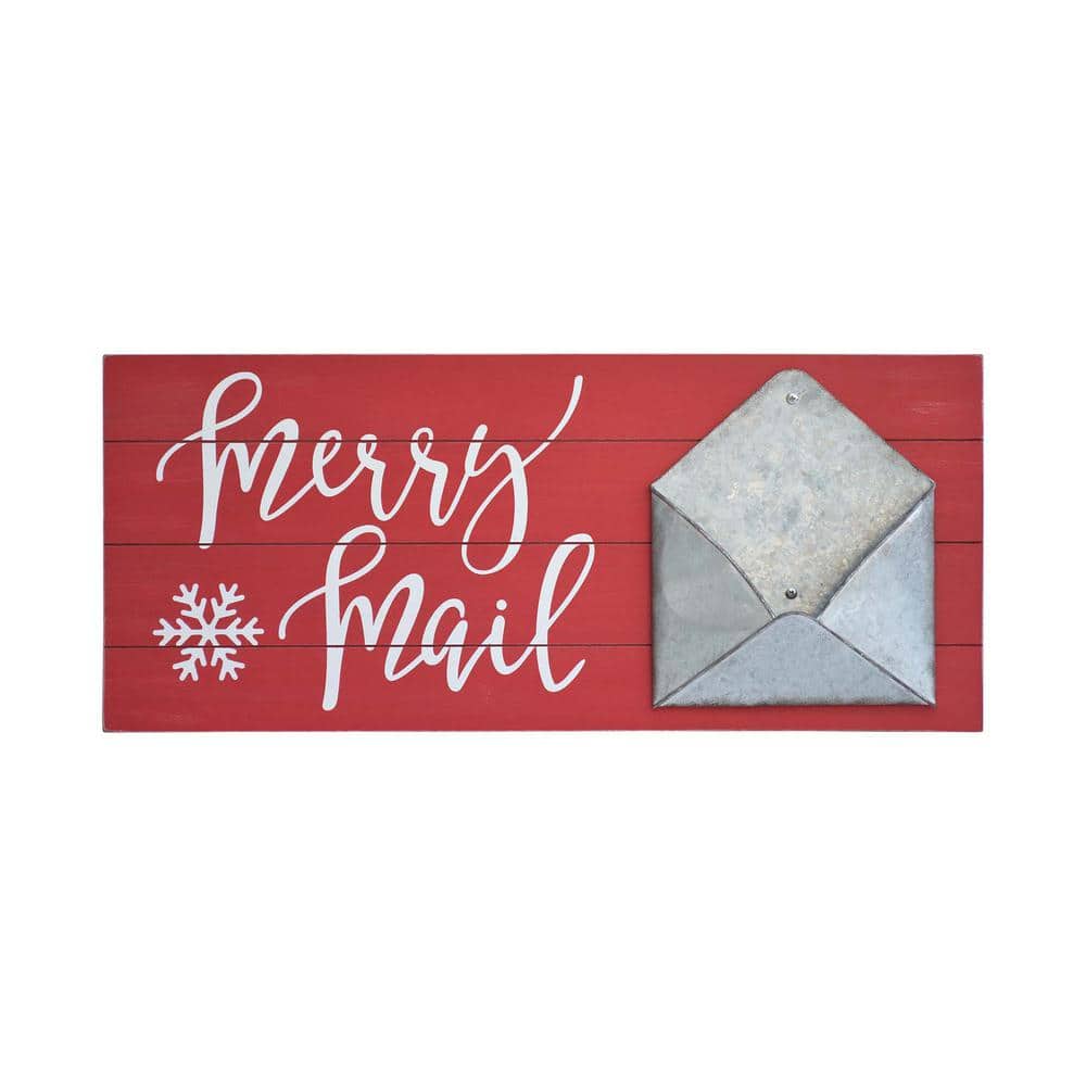 PARISLOFT 10.25 in. Red Wood and Metal Christmas Merry Mail Wall Plaque with Christmas Card Holder