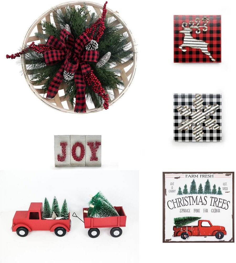 Fraser Hill Farm 20 in. Christmas Decorating Kit with Wreath, Joy Blocks, Tree Sign, Truck/Wagon, Reindeer/Snowflake Plaques (5-Piece)