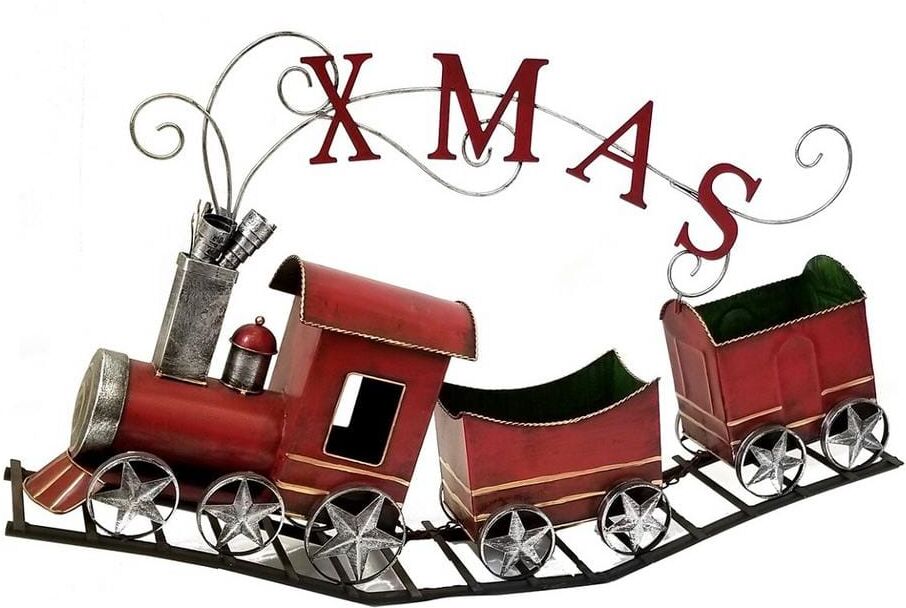 Zaer Ltd. International 36 in. Metal Christmas Train with 2 Carts on Track X-M-A-S