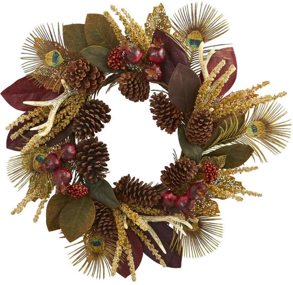 Nearly Natural 27in. Artificial Unlit Artificial Holiday Wreath with Magnolia Leaf, Berry, Antler and Peacock Feather