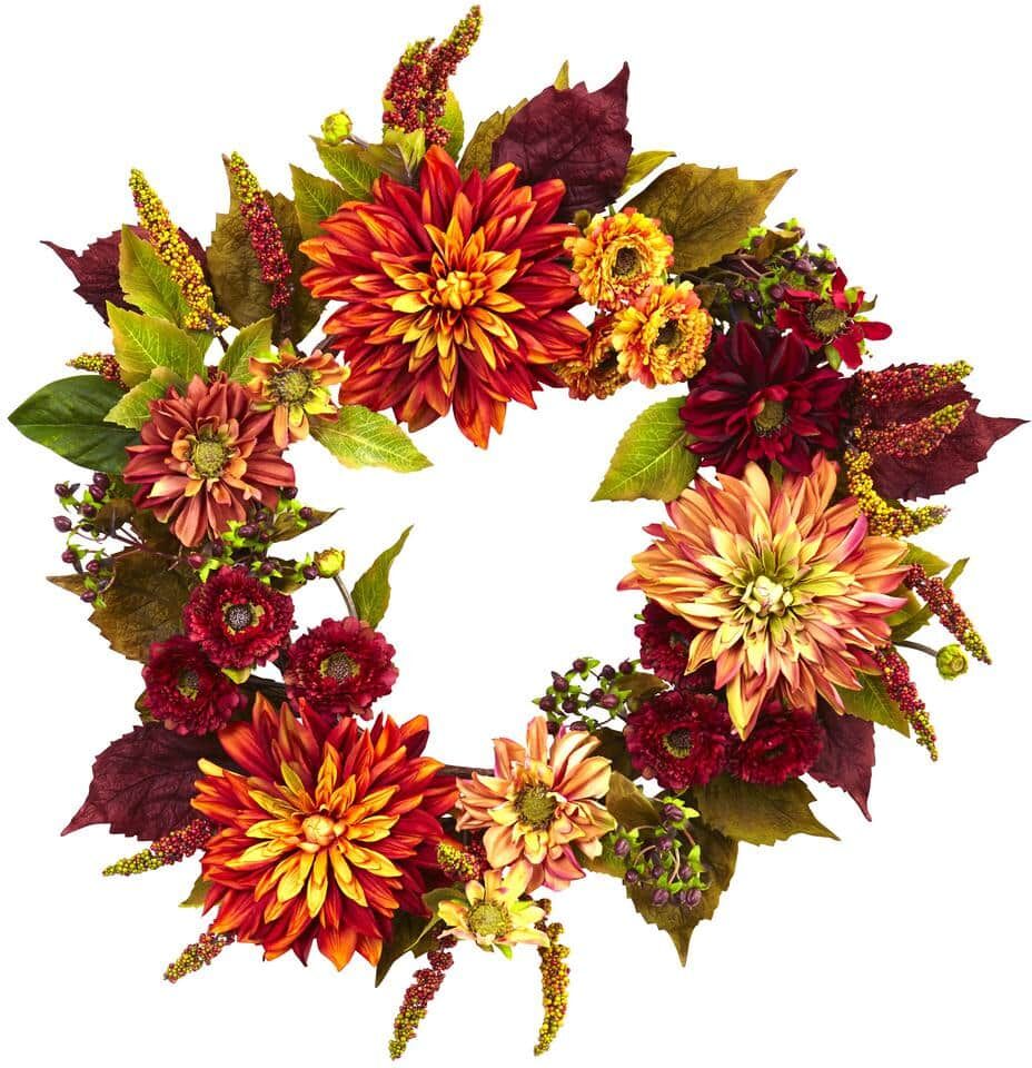 Nearly Natural Dahlia and Mum 22 in. Artificial Wreath