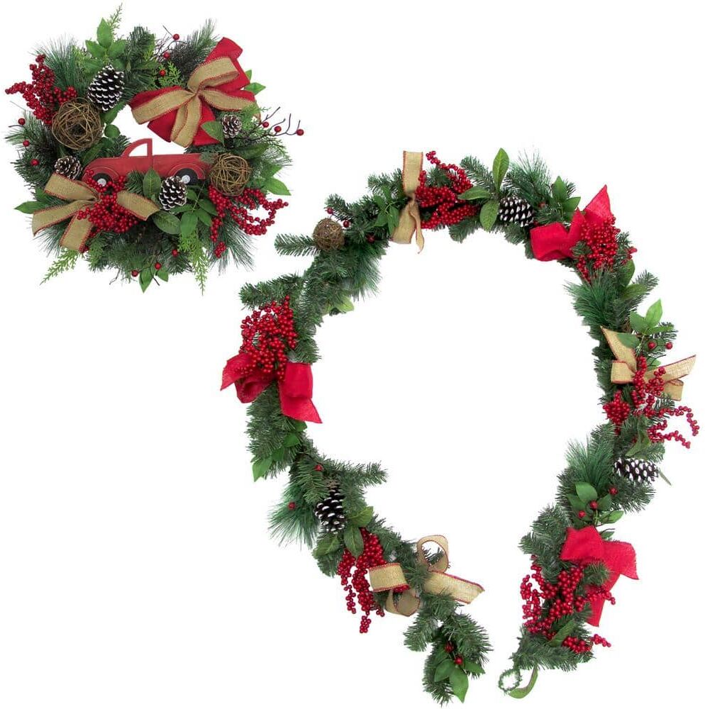 Fraser Hill Farm 24 in. Artificial Christmas Wreath with Garland, Pinecones, Bows, and Berries