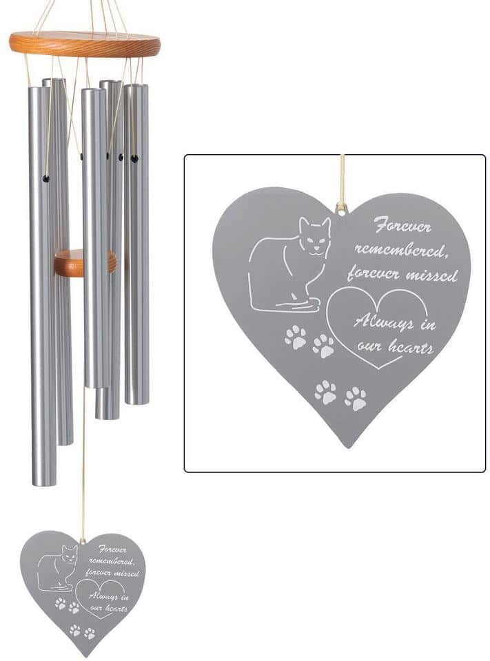 WOODSTOCK CHIMES Signature Wind Chimes of Remembrance 26 in. Forever Heart Cat Silver Outdoor Patio Home Garden DecorRMFHC