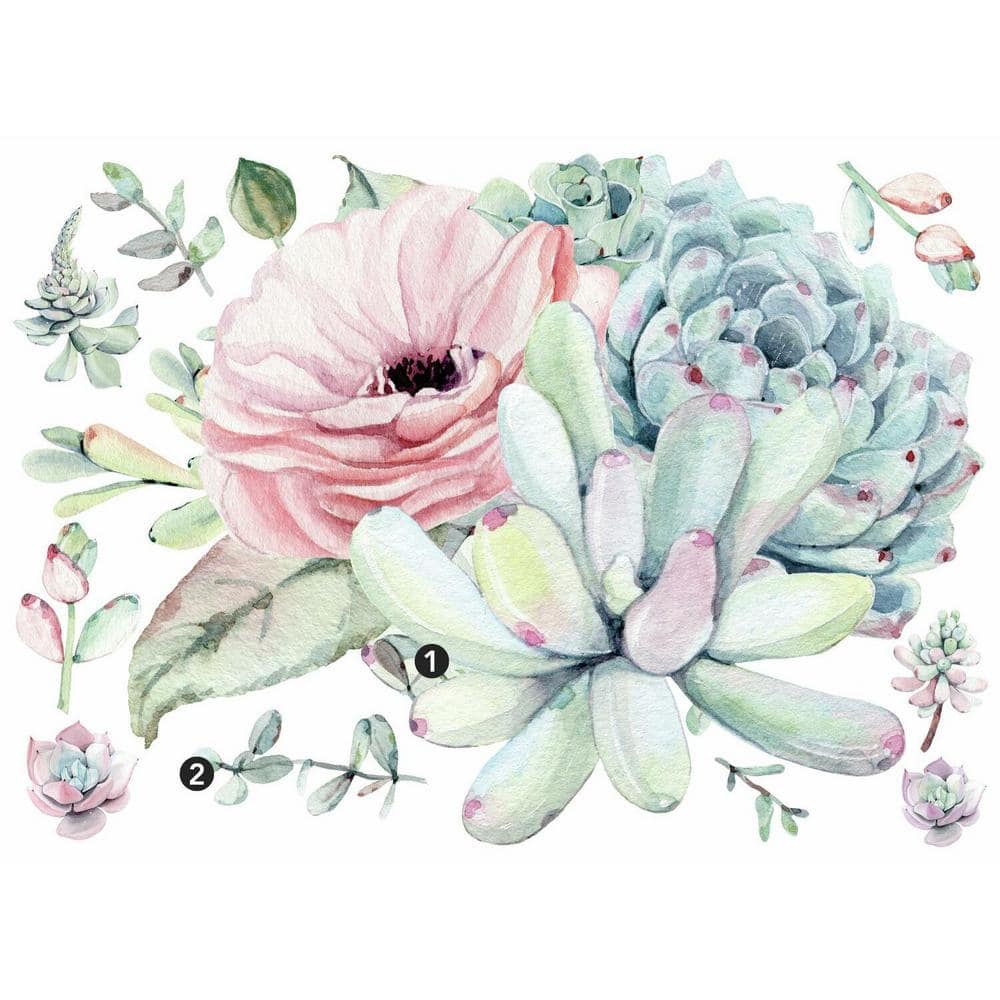 RoomMates Watercolor Floral Succulents Peel and Stick Giant Wall Decals