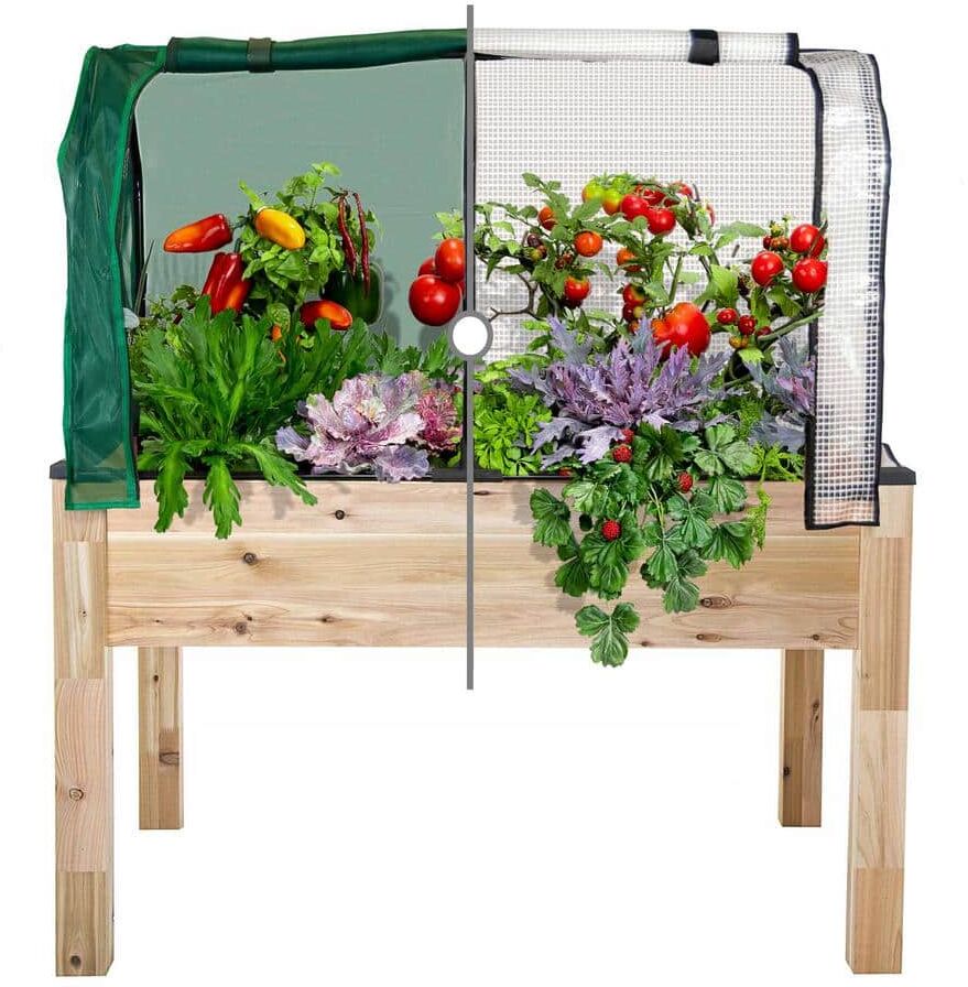 cedarcraft Beautiful. Functional. Sustainable. 34 in. x 49 in. x 30 in. Elevated Cedar Planter, Greenhouse and Bug Cover