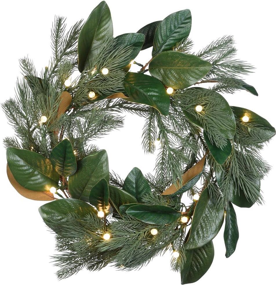 National Tree Company 24 in. Magnolia Mix Pine Artificial Christmas Wreath with 35 Battery Operated LED Lights