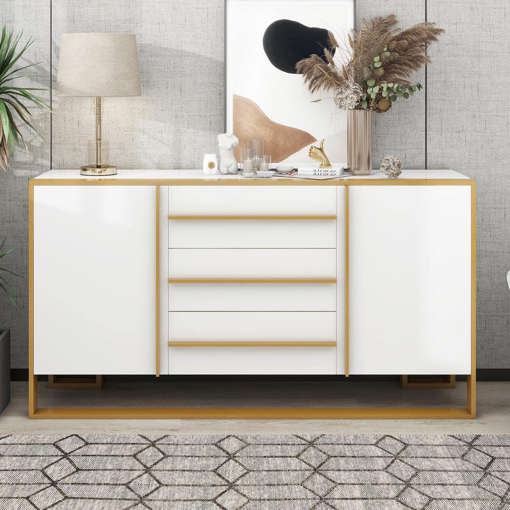 Harper & Bright Designs White Light Luxury Style MDF 59 in. Sideboard with Adjustable Shelves and 3-Drawers