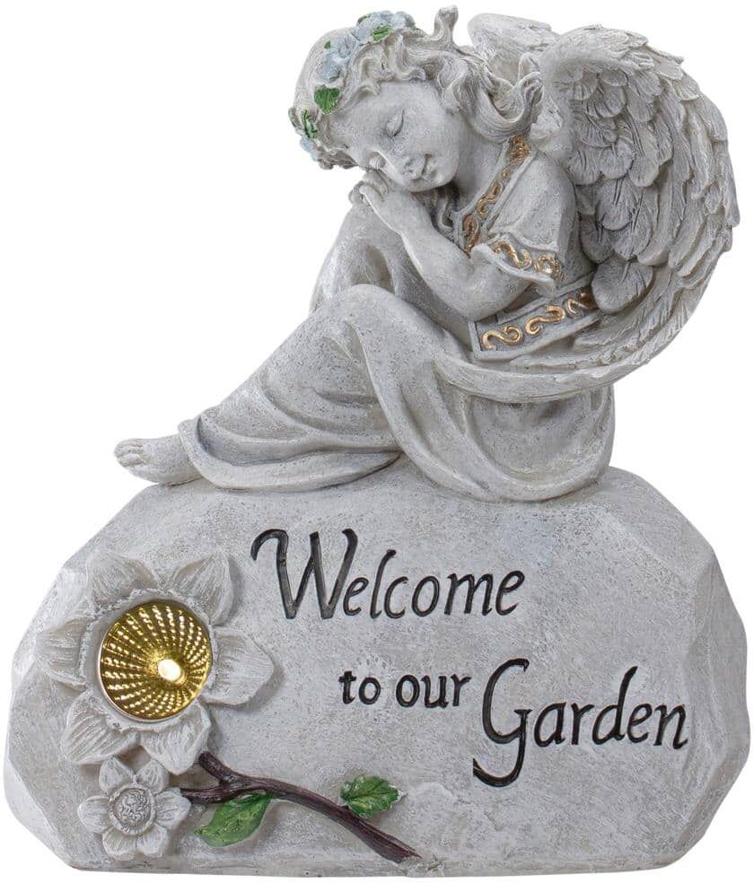 Northlight 9.25 in. Gray Solar Powered in Welcome to Our Garden in Angel Outdoor Garden Statue