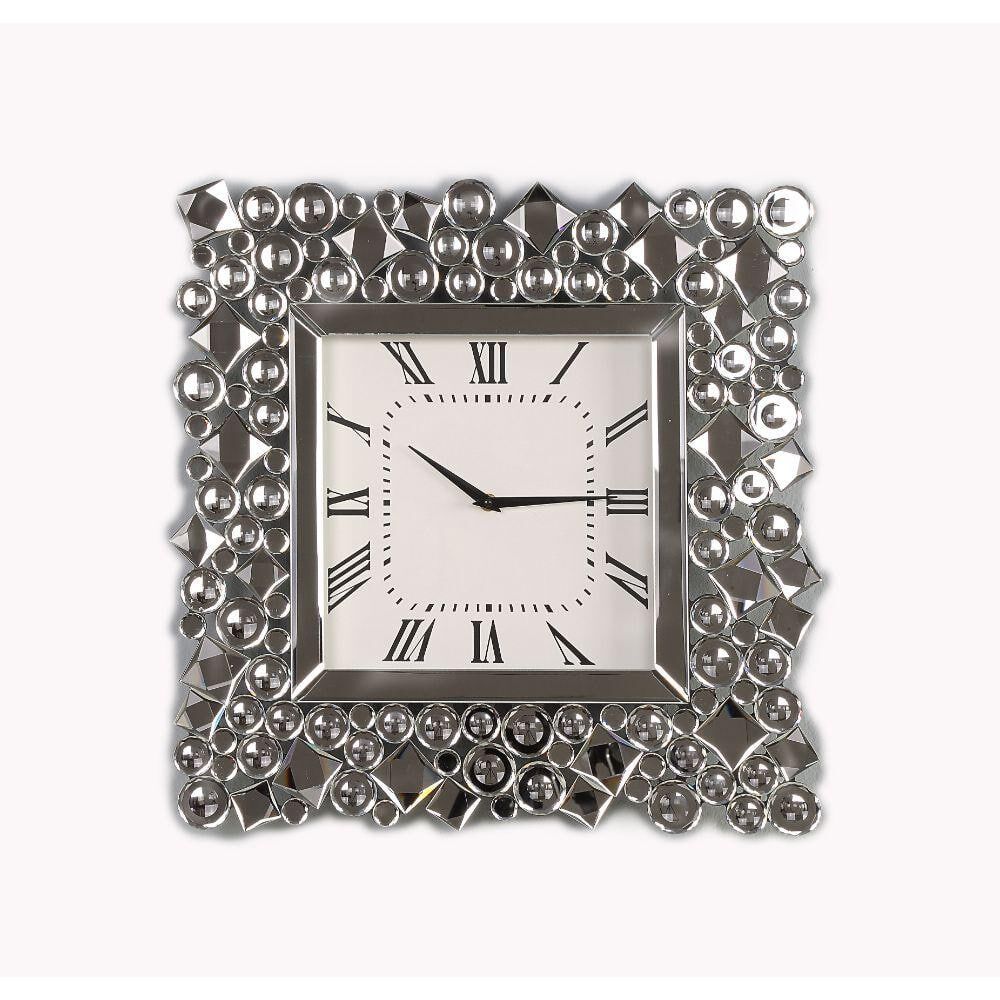 Benjara Clear and Black Wood and Mirror Wall Clock with Glass Crystal Gems