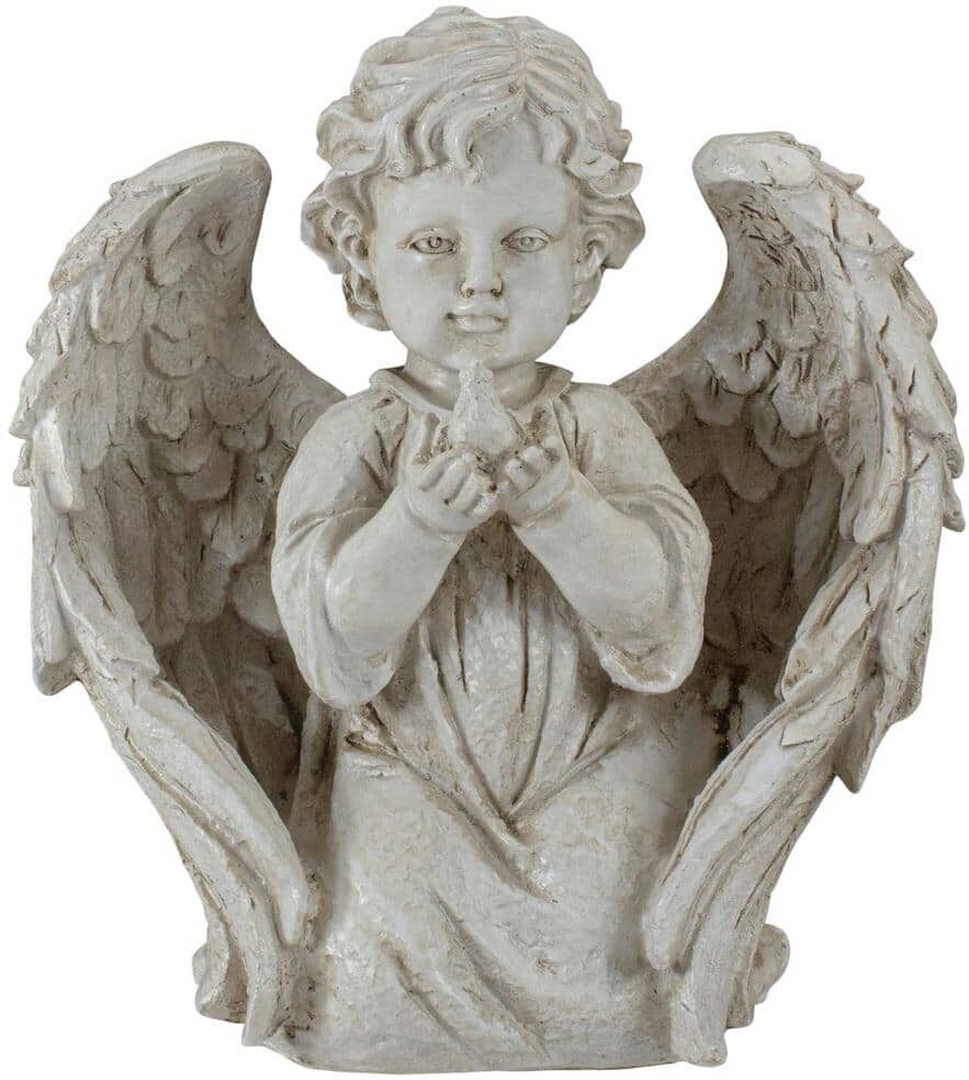 Northlight 9.75 in. Ivory Angel Boy Kneeling with Dove Outdoor Garden Statue