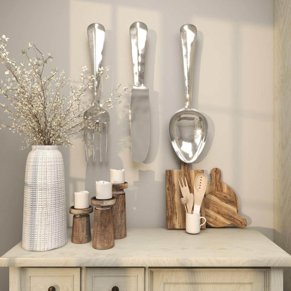 Litton Lane Aluminum Silver Knife, Spoon and Fork Utensils Wall Decor (Set of 3)