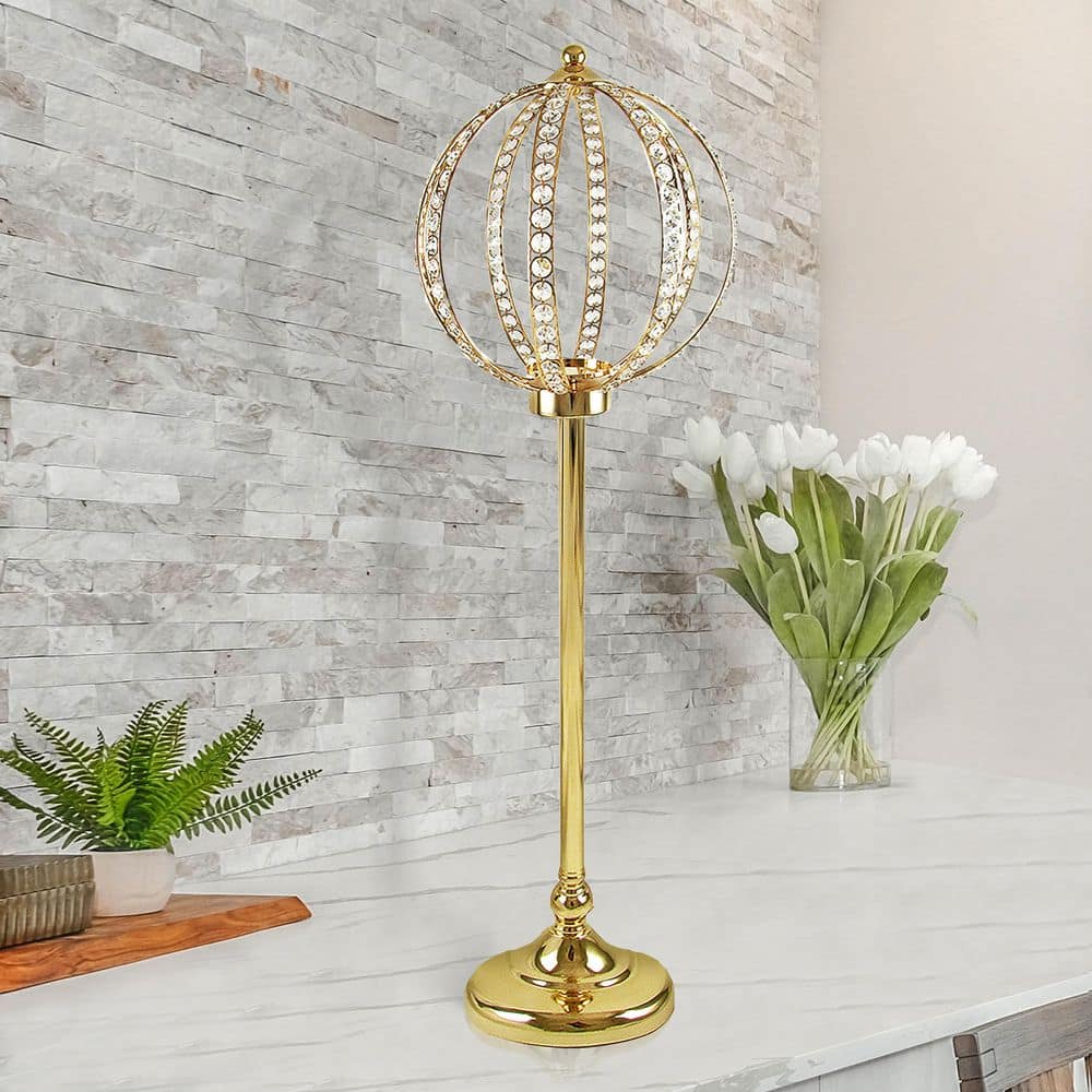 Large Gold Crystal Bead Decorative Ball Accent Piece Centerpiece Stand 38.25 in.