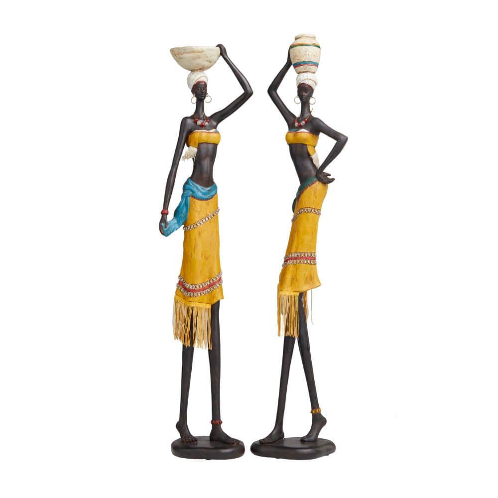 Litton Lane Yellow Resin Handmade African Woman People Sculpture with Water Jugs and Jeweled Details (Set of 2)