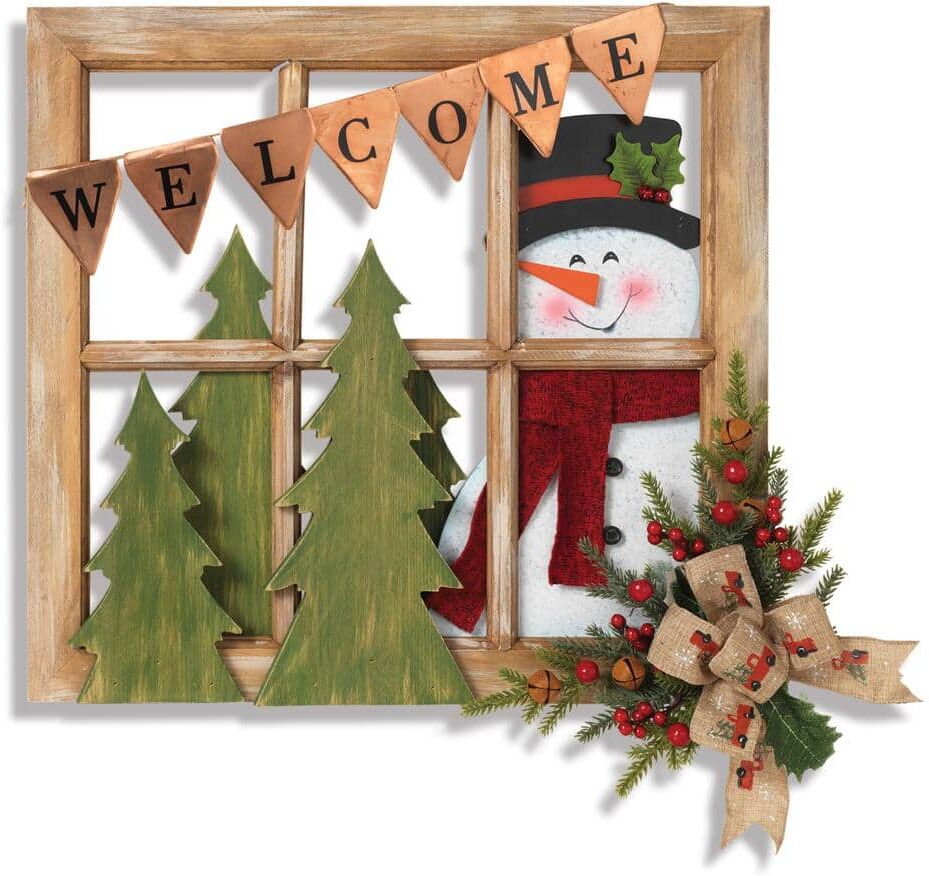 GERSON INTERNATIONAL 16.5 in. H Wood Window with Snowman and Floral Accent