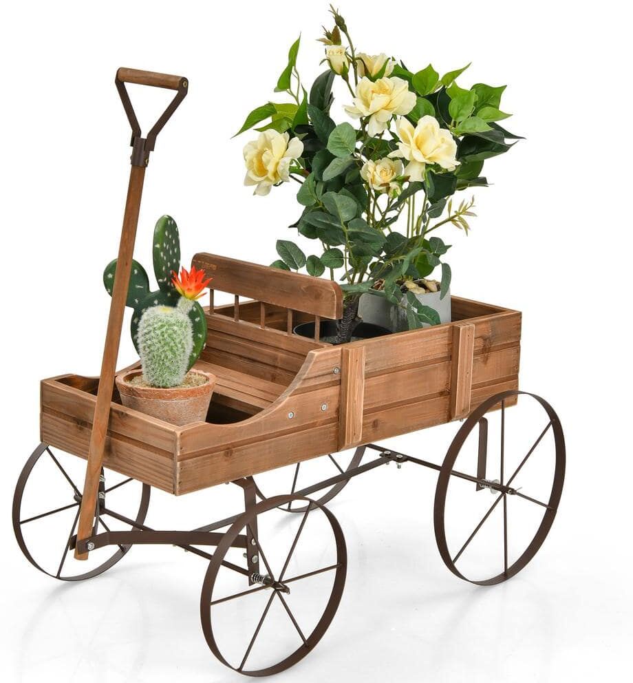 HONEY JOY Wooden Garden Flower Planter Wagon Wheel Plant Bed Decorative Garden Planter for Backyard Garden Brown