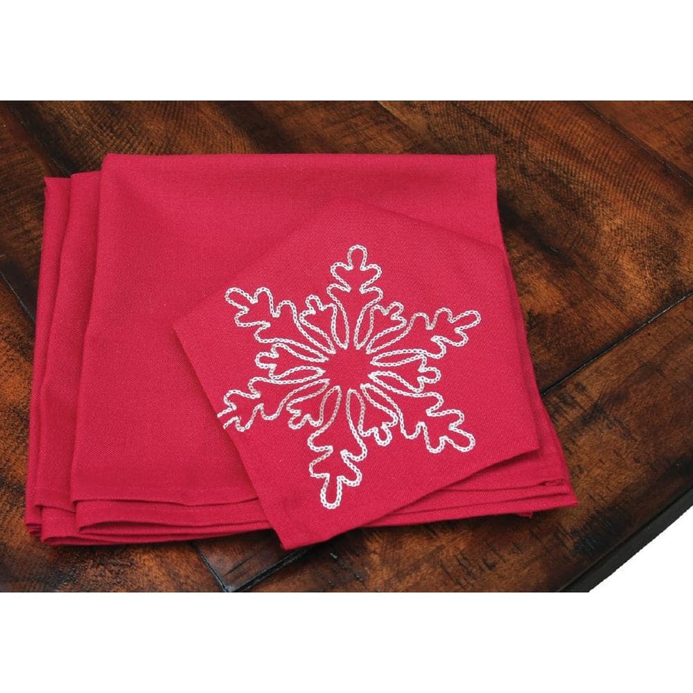 Xia Home Fashions 20 in. x 20 in. Snowy Noel Embroidered Snowflake Christmas Napkins in Red and White (4-Set)