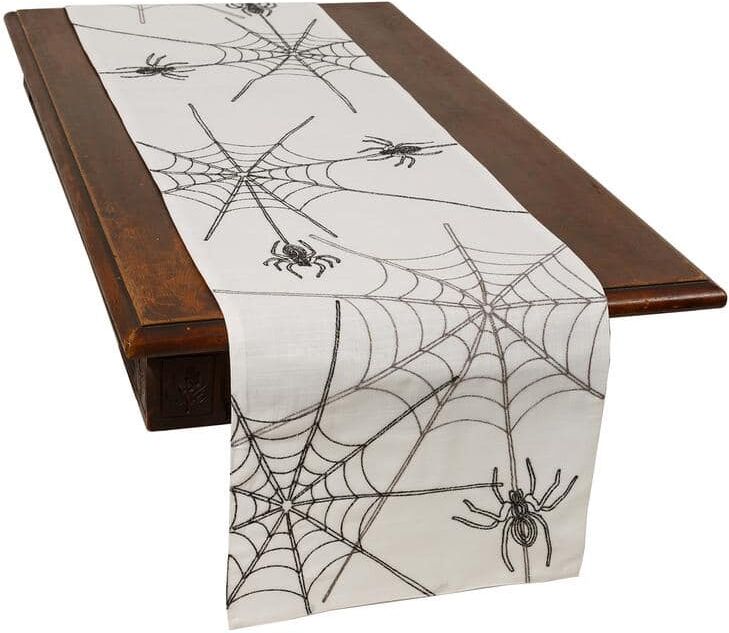 Xia Home Fashions 0.1 in. H x 15 in. W x 70 in. D Halloween Spider Web Double Layer Table Runner in White