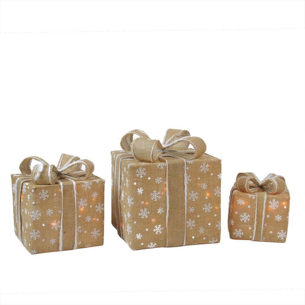 Northlight 11.75 in. Christmas Outdoor Decorations Lighted Natural Snowflake Burlap Gift Boxes (3-Pack)