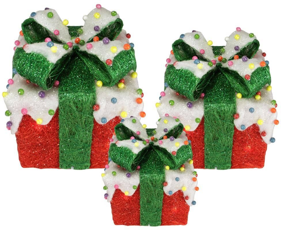 Northlight Lighted Snow and Candy Covered Sisal Gift Boxes Christmas Outdoor Decorations (Set of 3)