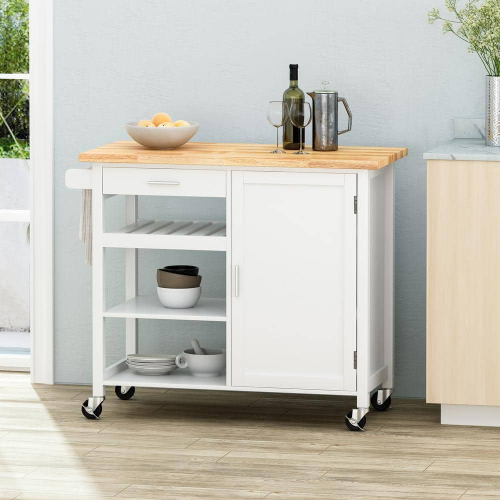 Noble House Westcliffe White Kitchen Cart with Cabinets